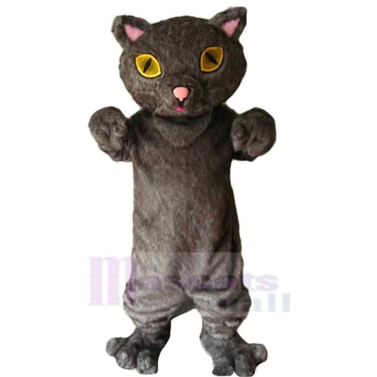 Pink Ears Grey Cat Mascot Costume Animal with Yellow Eyes