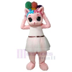 Pink Cat Mascot Costume Animal in White Dress