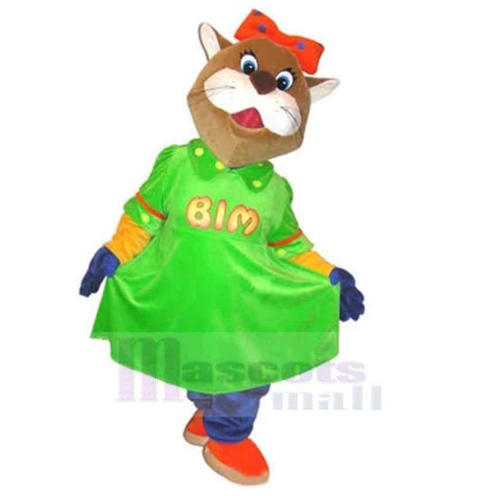 Happy Brown Cat Mascot Costume Animal in Green Dress