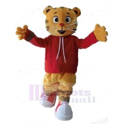 Orange And Gray Cat Mascot Costume Animal in Red Clothes