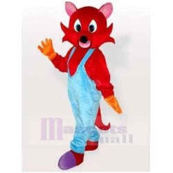 Red Cat Mascot Costume Animal in Blue Overalls