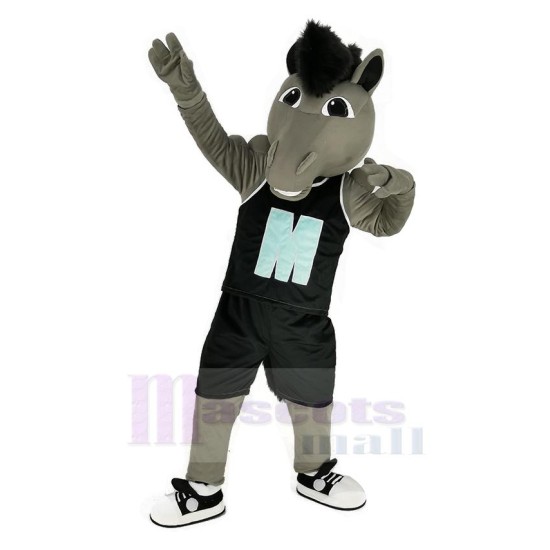 Grey Power Mustang Horse Mascot Costume in Black Sportswear Animal