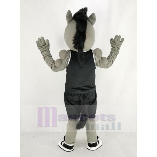 Grey Power Mustang Horse Mascot Costume in Black Sportswear Animal