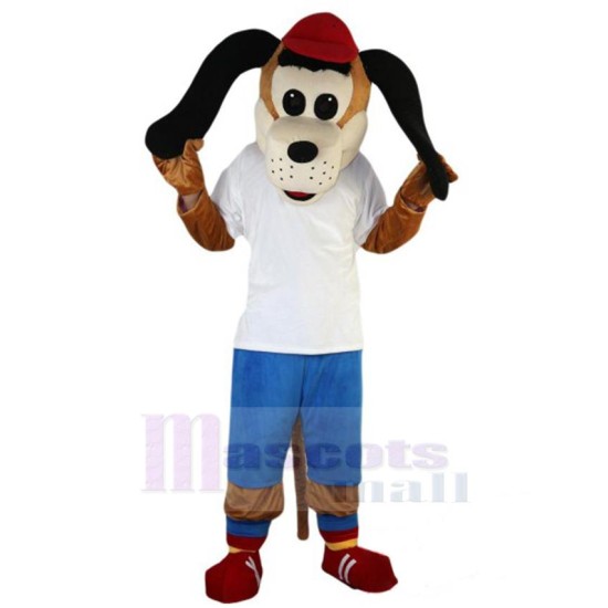 Red Hat Dog Mascot Costume Animal in White T-shirt