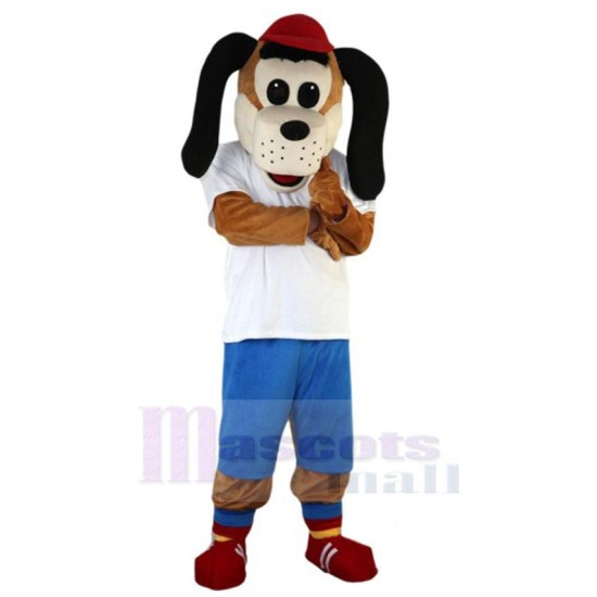 Red Hat Dog Mascot Costume Animal in White T-shirt