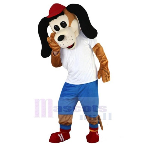 Red Hat Dog Mascot Costume Animal in White T-shirt