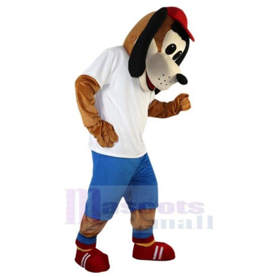 Red Hat Dog Mascot Costume Animal in White T-shirt