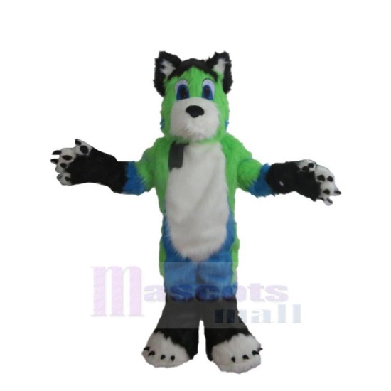 Long Fur Green and White and Blue Dog Mascot Costume Animal