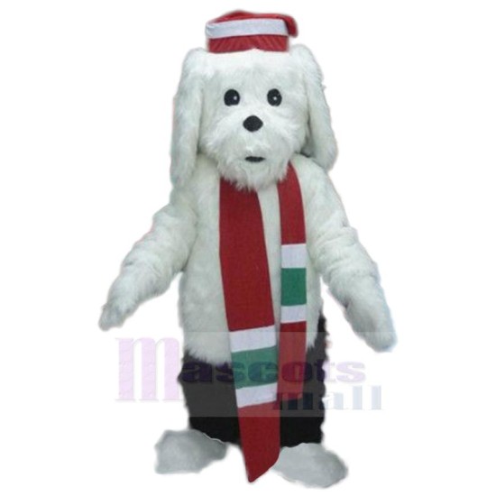 Long Fur White Dog Mascot Costume with Red Scarf