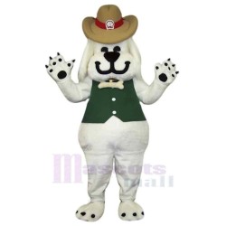 Smiling White Dog Mascot Costume Animal in Green Vest