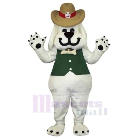 Smiling White Dog Mascot Costume Animal in Green Vest