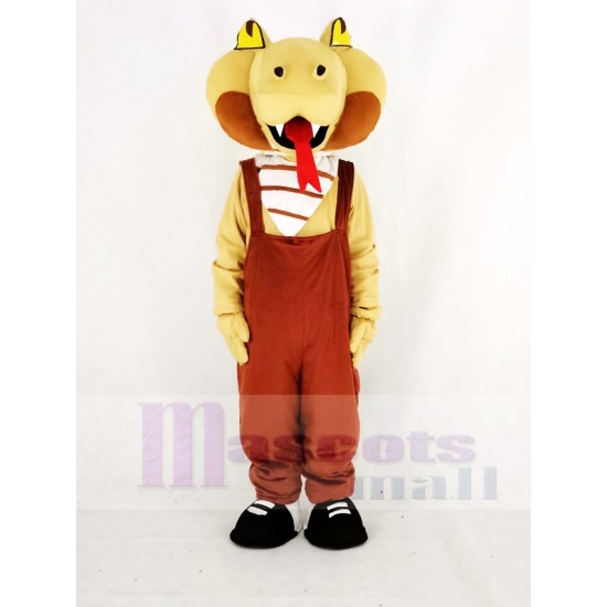 Realistic Cobra Snake Mascot Costume in Brown Overalls