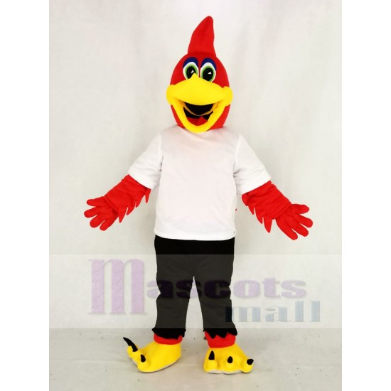 Red Roadrunner Bird Mascot Costume with White T-shirt