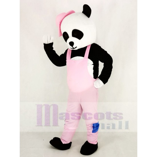 Panda Mascot Costume with Pink Overalls and Hat