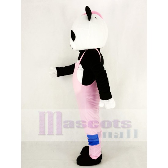 Panda Mascot Costume with Pink Overalls and Hat