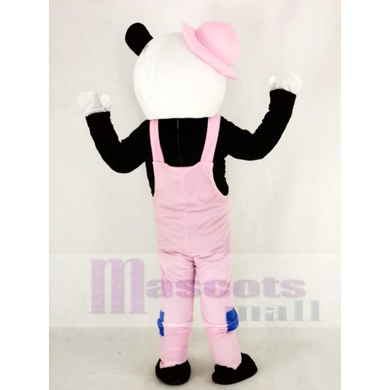 Panda Maskottchen Kostüm mit rosa Overall und Hut