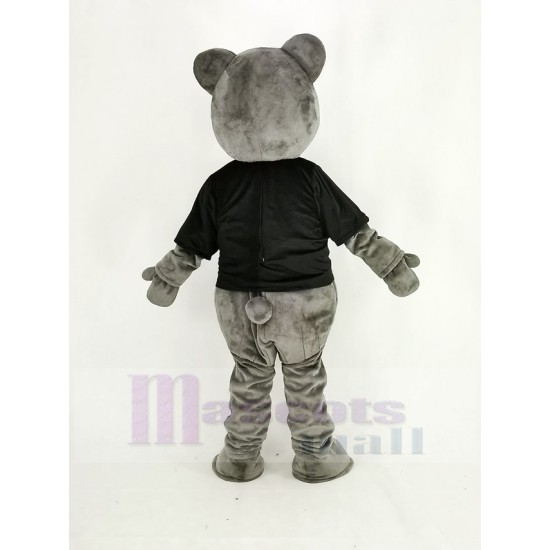 Gray Teddy Bear Mascot Costume Cartoon Male with Black Clothes