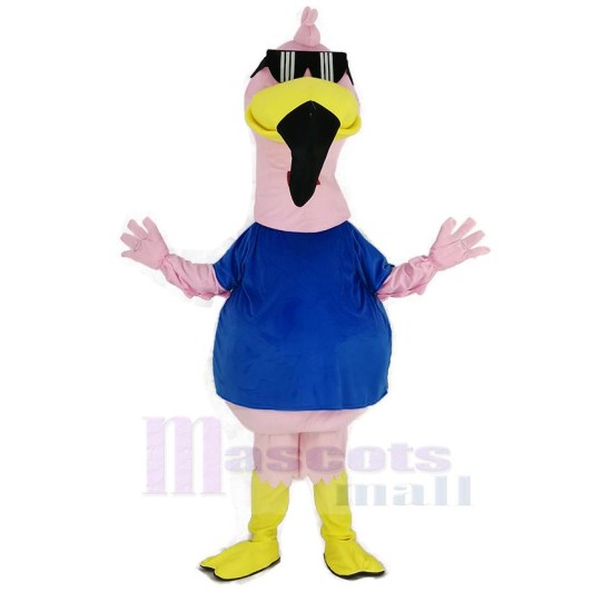 Pink Flamingo Bird with Sunglasses Mascot Costume in Blue T-shirt