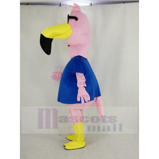 Pink Flamingo Bird with Sunglasses Mascot Costume in Blue T-shirt