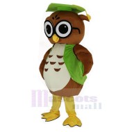 Brown Owl Mascot Costume with Green Graduation Cap