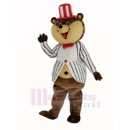 Huge Brown Teddy Bear Mascot Costume with White Striped Coat