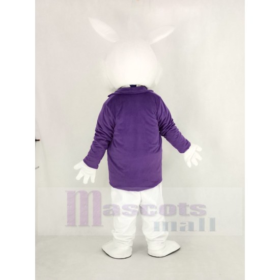 White Easter Bunny Rabbit Mascot Costume in Purple Coat