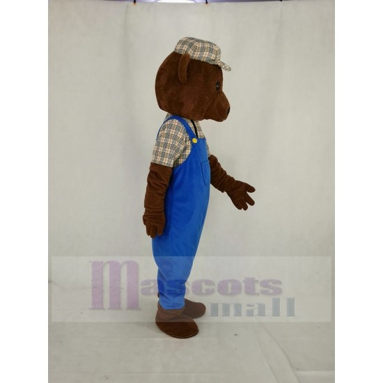 Teddy Bear Mascot Costume in Blue Overalls Cartoon