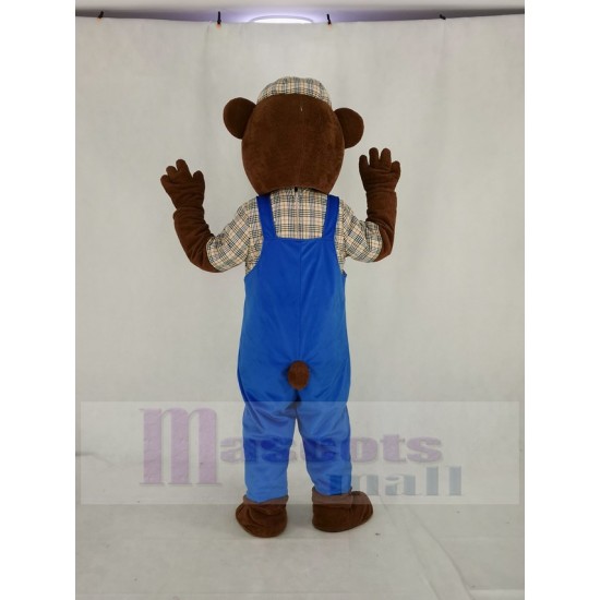 Teddy Bear Mascot Costume in Blue Overalls Cartoon