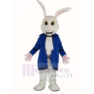 White Easter Bunny Rabbit Mascot Costume in Blue Coat