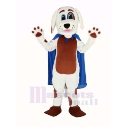 White Dog Brown Belly Mascot Costume in Blue Cape Animal