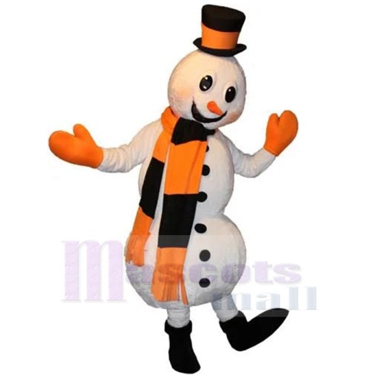 Snowman Mascot Costume Cartoon with Orange and Black Scarf