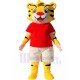 Yellow Fortunate Tiger Mascot Costume in Red Shirt Cartoon