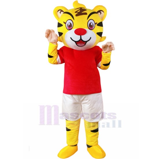 Amarillo Tigre afortunado Disfraz de mascota en camisa roja Dibujos animados