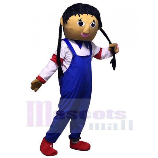 Cowgirl in Blue Overalls Mascot Costume